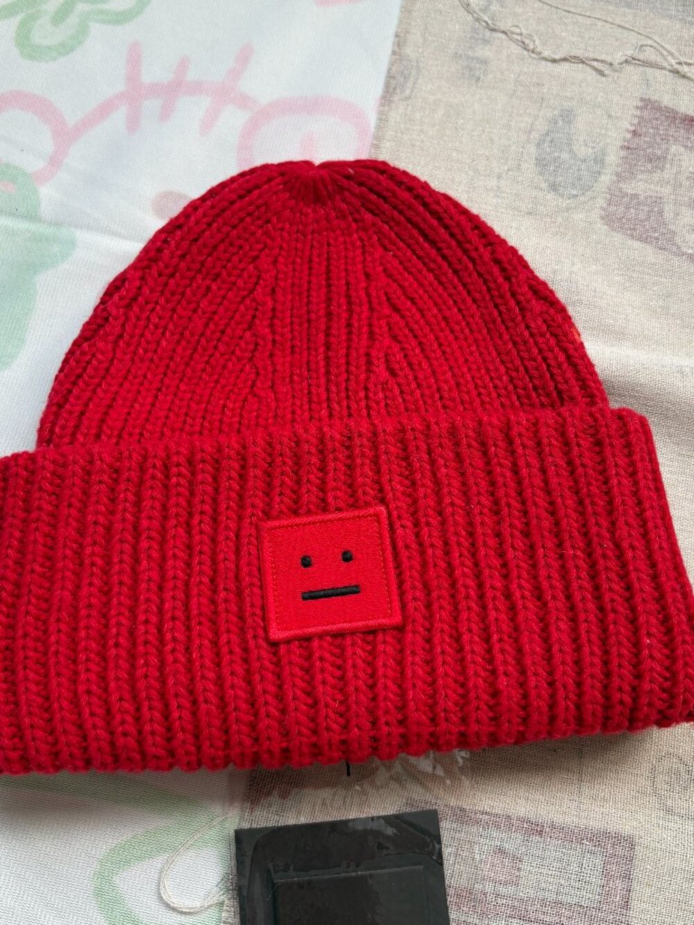 Acne Studios Red Smiley Face Knit Beanie